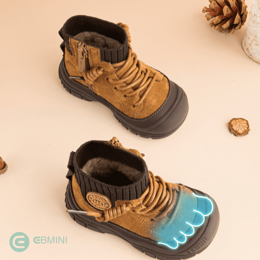 EBMINI® RUN – Waterproof Barefoot Boots for Kids with Warm Lining & Zipper - Camel - 3 AU - Insole length 12.5 cm